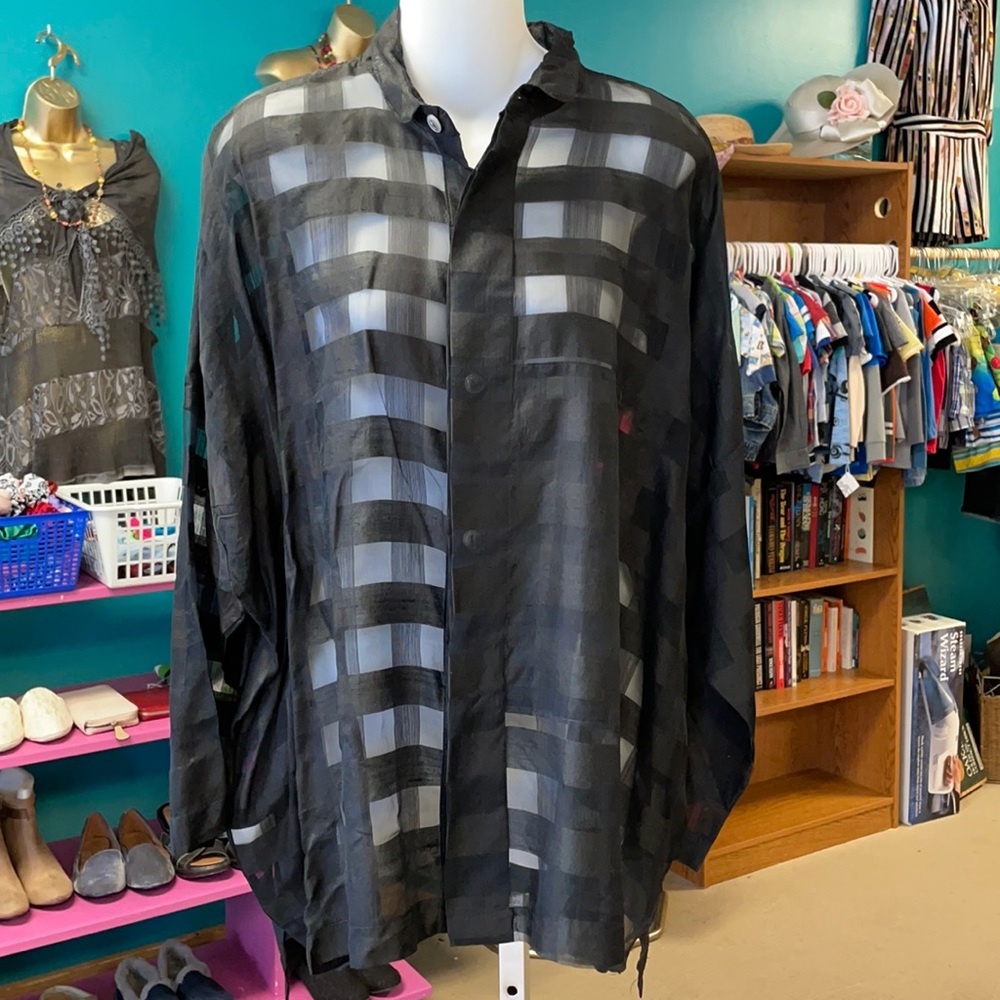 sheer botton down long sleeve blouse